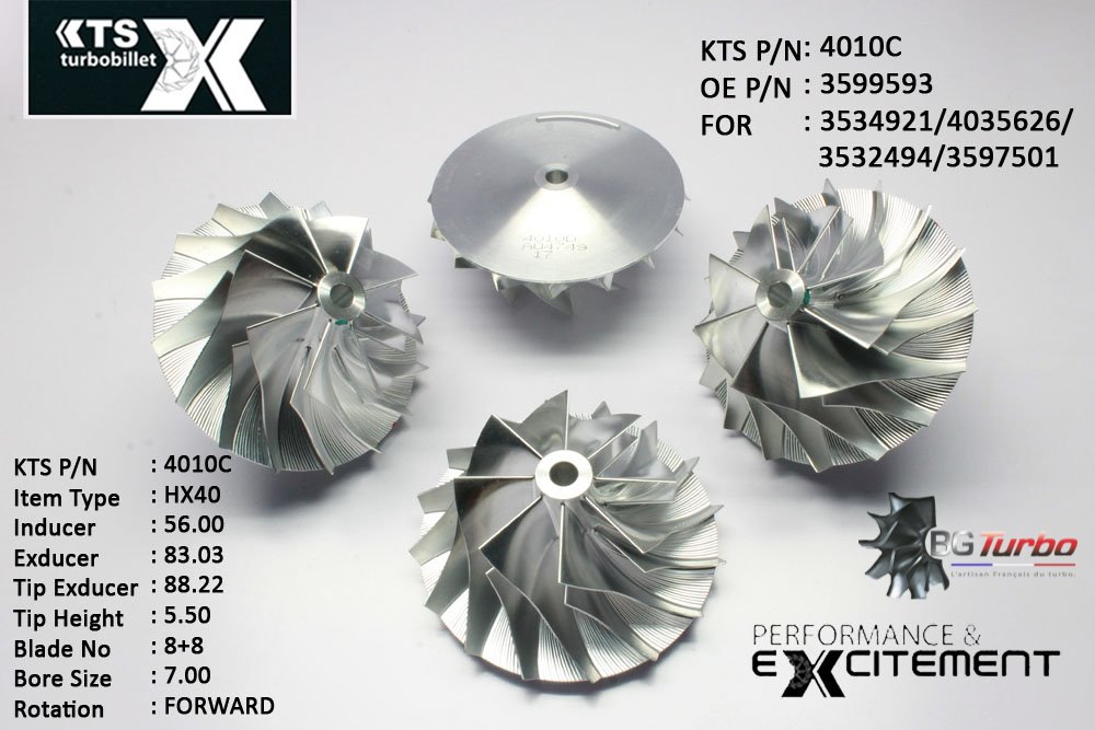 Turbo ROUE FORGÉE MFS PERFORMANCE - 8+8 PALES - INDUCER : 56 - EXDUCER : 83,03 - TYPE : HX40ANGLE : 65° - ROTATION : Forward - SUPER BACK : 5,01 - BORE SIZE : 7
